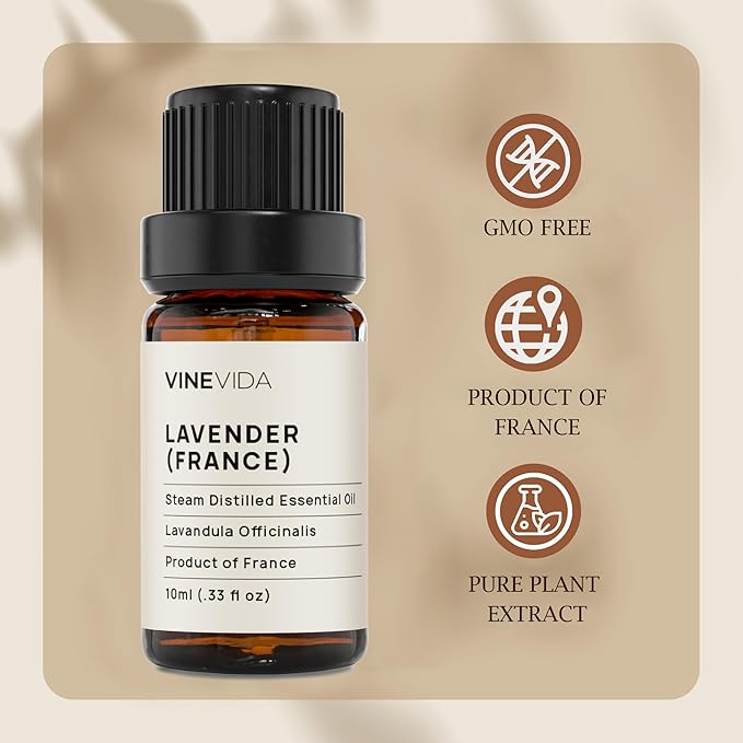 VINEVIDA Lavender France Essential Oil 10 mL - Undiluted Lavender Oil 10 mL - Lavender - DIY Candle Scents for Candlemaking - 10 mL Essential Oil for Soap Making Safe for Skin (4OZV-OBP-LAV-FRA-10ML)