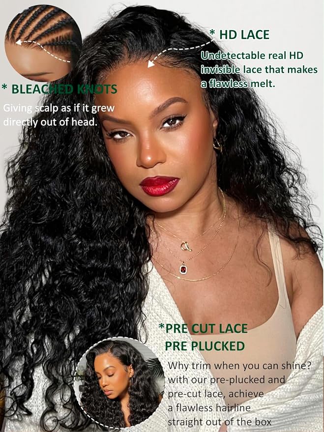 KLAIYI Pre Everything 13x4 Glueless Lace Front Wig Human Hair Water Wave Bye Bye Knots Put On and Go Wig Pre Cut Lace Pre Bleached Pre Plucked 30S Easy To Wear Beginner Curly Wig with Baby Hair 26Inch