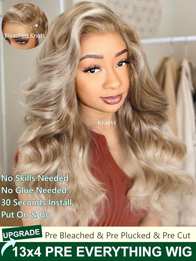 KLAIYI Ombre Ash Blonde Loose Body Wave Pre Everything Glueless 13x4 Lace Front Wigs Human Hair Balayage Precut Pre Plucked Bleached Bye Bye Knots 30S Ready to Wear and Go Wig Beginner Friendly 26Inch