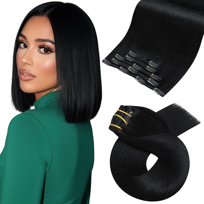 Moresoo Short Clip in Hair Extensions Black Hair Extensions Clip in Real Human Hair Jet Black Double Weft for Women Straight Remy Human Hair 80g/5pcs 12 inch