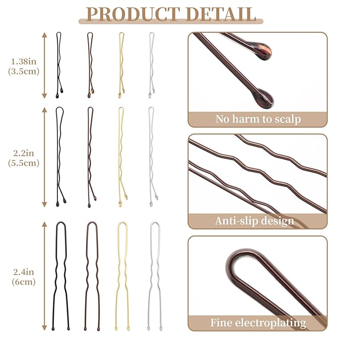 300 Pcs Brown Wave-Shaped, U-Shaped Bobby Pins and 100 Pcs Elastic Hair Bands Mix Metal Hair Pins Hair Accessories for Women Stylists Hair Sticks Girl