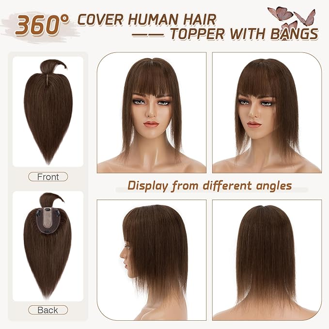 Rich Choices Hair Toppers for Women Real Human Hair 100% Remy Human Hairs Topper With Bang for Thinning Hairs Clip in Silk Base Topper 12 Inch #4 Medium Brown