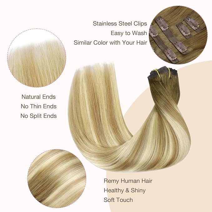 GOO GOO Clip in Hair Extensions Real Human Hair, Remy Human Hair Extensions Clip ins for Women, Natural Human Hair, 22inch 110g 7Pcs, 5A/90/16F Bahamian Balayage
