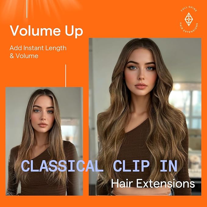 Full Shine Clip in Hair Extensions Human Hair Brown Balayage 16 Inch Real Hair Extensions Clip ins 120 Grams Dark Brown to Brown Mix Honey Blonde Seamless Human Hair 7 Pcs