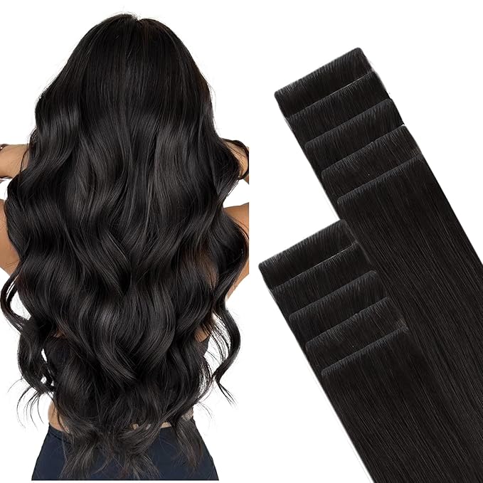 GOO GOO Invisi Edge Tape in Hair Extensions Human Hair, 1B Natural black, 10pcs 16inch 25g, Virgin Remy Hair, Seamless Injected Tape, Natural Look