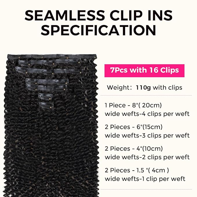 Lashey Seamless Clip in Hair Extensions Human Hair Kinky Curly 110g 7pcs PU Clip ins Natural Black 100% Real Human Hair 24 Inch