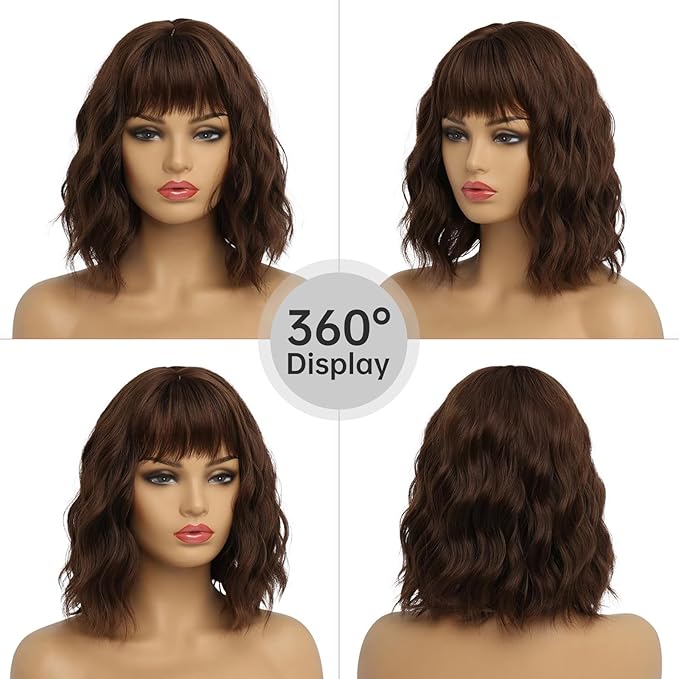 Short Chocolate Brown Wigs for Women Dark Brown Wavy Bob Wig with Bangs Medium Lenth Synthetic Natural Hair Wigs for Daily Party Use(14 Inch)