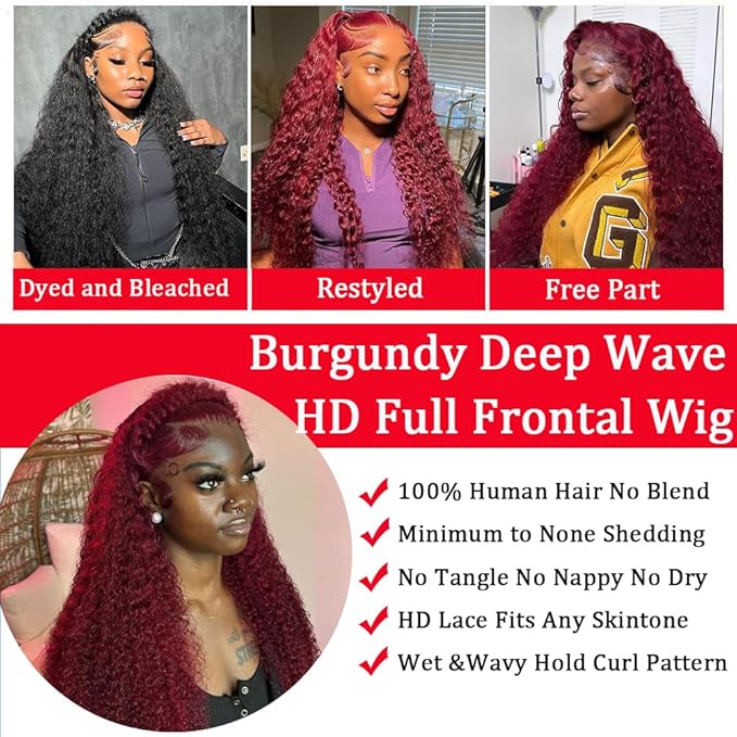 26 Inch Burgundy Lace Front Wigs Human Hair 13x6 Deep Wave HD Lace Front Burgundy Curly Frontal Wigs Human Hair Pre Plucked 200 Density