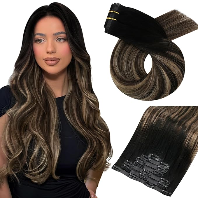 Moresoo Seamless Clip in Hair Extensions Human Hair Black to Brown with Blonde Ombre Hair Extensions Clip ins Long Natural Black to Brown with Honey Blonde Remy Straight Pu Weft 120g/7pcs 22 inch