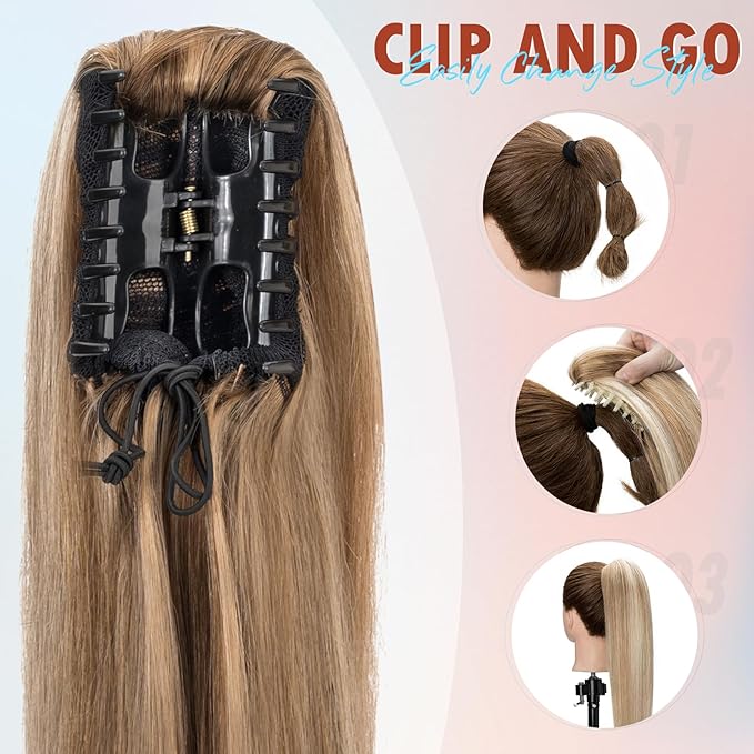 Hairro Claw Clip Ponytail Human Hair Extensions Jaw On Ponytails Remy Long Straight Jaw/Claw Clips Pony Tail Hairpieces For Women 18 Inch 115g #4P27 Medium Brown Mix Dark Blonde