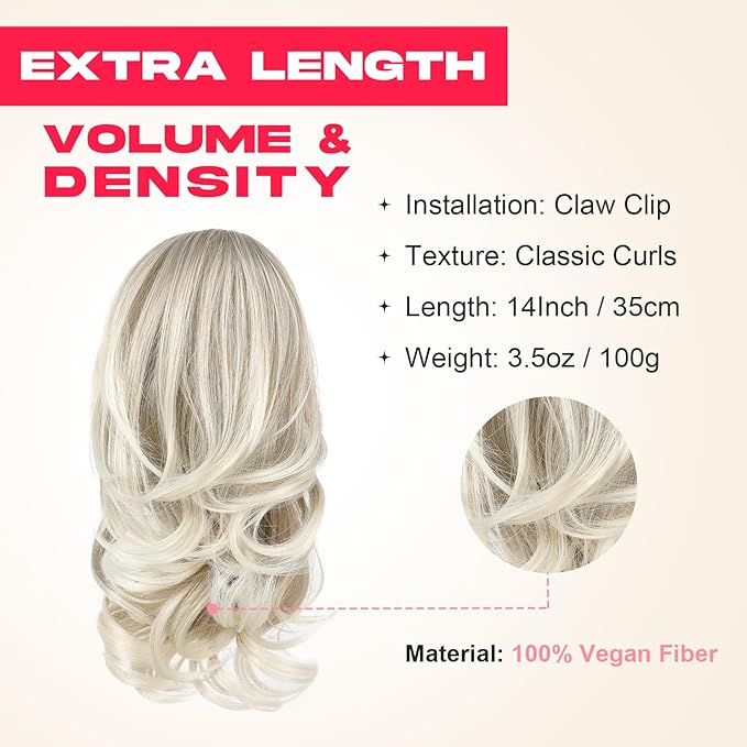 Ponytail Extension - 14" Claw Clip in Ponytail Hair Extensions Natural Soft Synthetic Layered Wavy Pony Tail Hair Pieces for Women - Ash Brown with White Ends