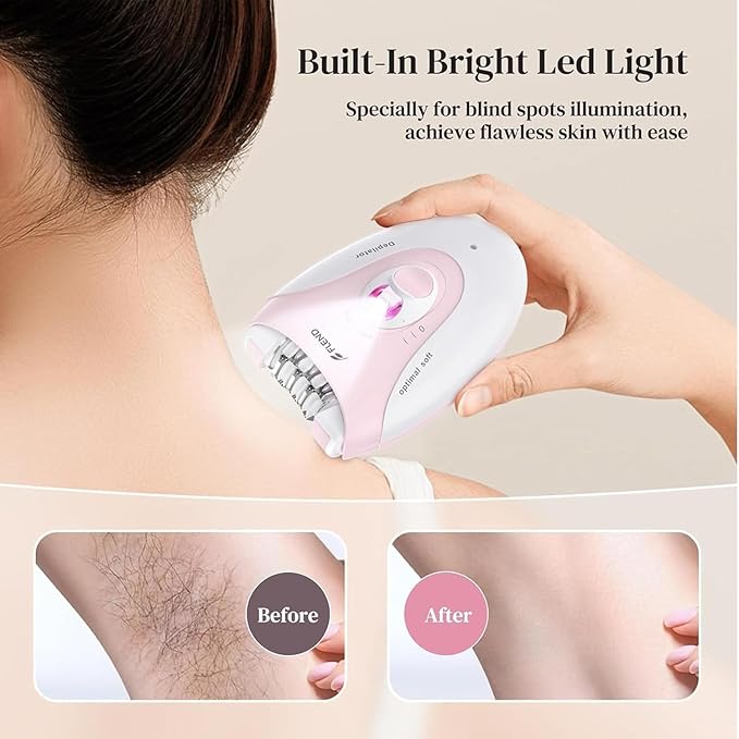 Smooth Glide Epilator for Women, 2 Speeds Facial Hair Removal Device with LED Light, 36 Tweezers & Massage Pad. Rechargeable Facial Hair Removal Epilator for Bikini, Arms, Legs, and Face