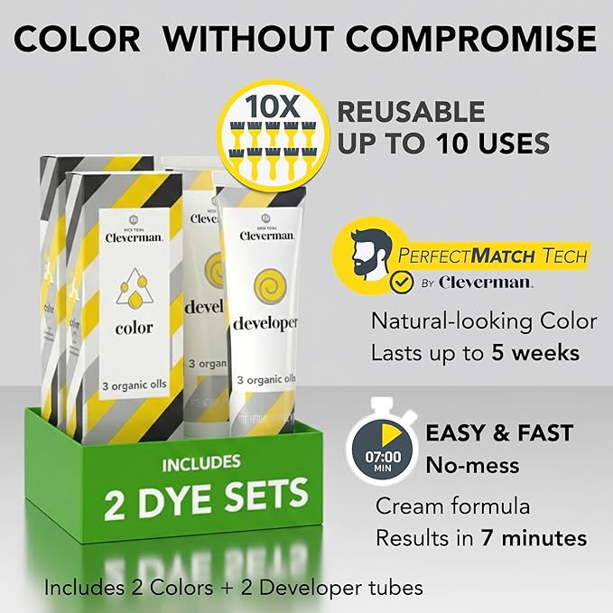 2X Pack Cleverman Hair & Beard Dye Kit for Men, All-in-One Reusable Mens Hair Color, Natural Gray Coverage, Ammonia-Free Beard Mustache Dye for Men (Dark Brown for Black Men)