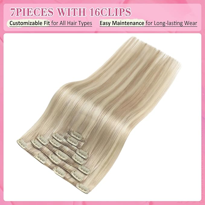 YoungSee Blonde Clip Hair Extensions Highlight Ash Blonde Mix Bleach Blond Human Hair Extensions Clip ins Short Straight Human Hair Clip in Extensions 12In 7Pcs 85G
