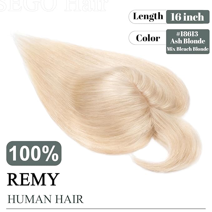 SEGO Hair Toppers for Women Real Human Hair with Thinning, with Front Bangs Clip in Toppers Straight 150% Density Silk Base -16 Inch #18/613 Ash Blonde Mix Bleach Blonde