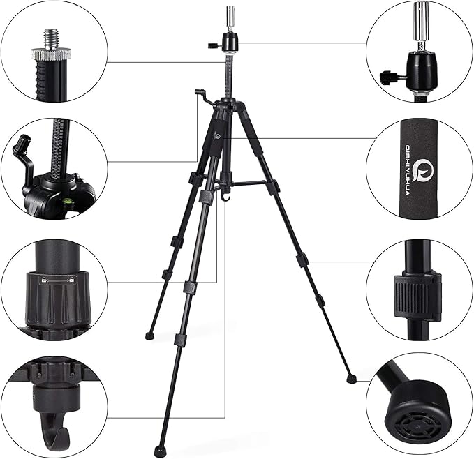 Wig Stand Tripod with Non-Slip Base Adjustable Mannequin Head Stand with Hook Heavy Duty Manikin Head Tripod