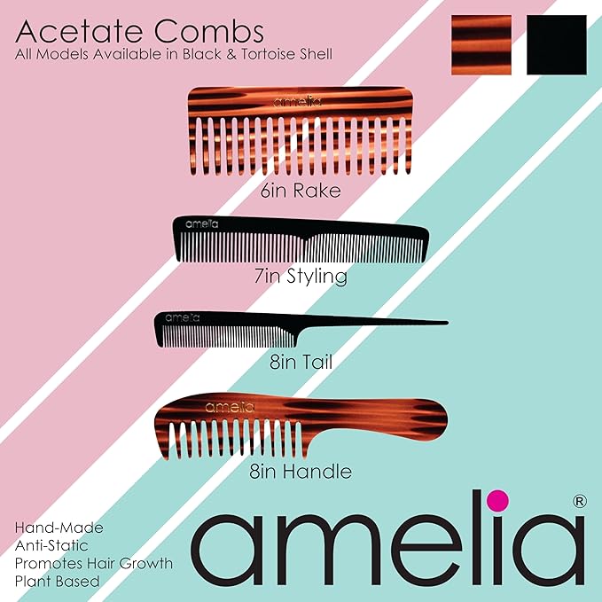 Amelia Beauty Cellulose Acetate 8in Rat Tail Comb, Handmade, Smooth Edges, Eco-Friendly Plant Based Material, Log Tail Sectioning, Course Teeth - Tortoise Shell Color