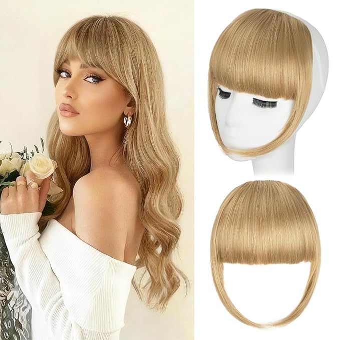 Clip in Bangs, Synthetic French Bangs Hair Clip, Blonde Mix Light Blonde Fake Bangs Fringe with Temples Hairpieces for Women Natural Curved Hair Extensions for Daily Wear