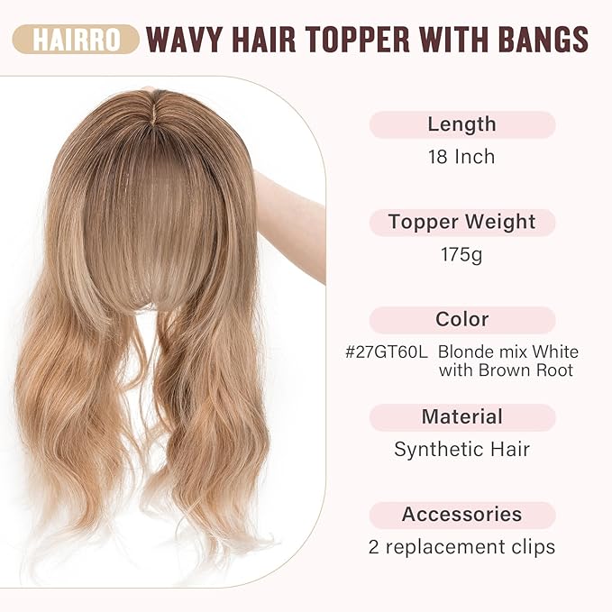 Hairro 18 Inch Long Hair Toppers Wavy with Side Bangs for Women, Clips In Synthetic Hairpieces Capless, for Adding Volume/Birthday/Party/Halloween/Cosplay Dress Up, Blonde mix White with Brown Root