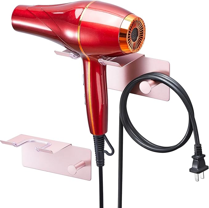 Hair Dryer Holder Wall Mount, Blow Dryer Holder for Wall, Adhesive Hairdryer Holders, Stainless Steel Blowdryer Holders Bathroom Hair Tool Organizer Hair Dryer Hanger Hook with Cord Storage(Rose Gold)