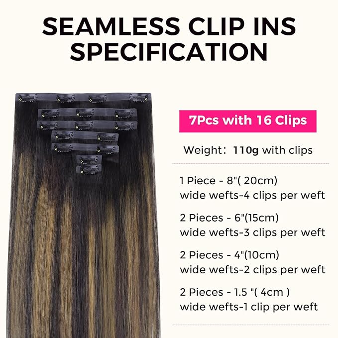 Lashey Seamless Clip in Hair Extensions Human Hair Natural Black Mixed Chestnut Brown 24 Inch Long Clip in Hair Extensions 110g 7pcs Straight Real Human Hair for Black Women