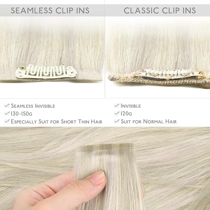 WENNALIFE Seamless Clip In Hair Extensions, 16 Inch 7pcs 130g Ash Blonde Highlighted Platinum Blonde Hair Extensions Clip In Real Human Hair Extensions Clip In Invisible PU Weft Human Hair Extensions