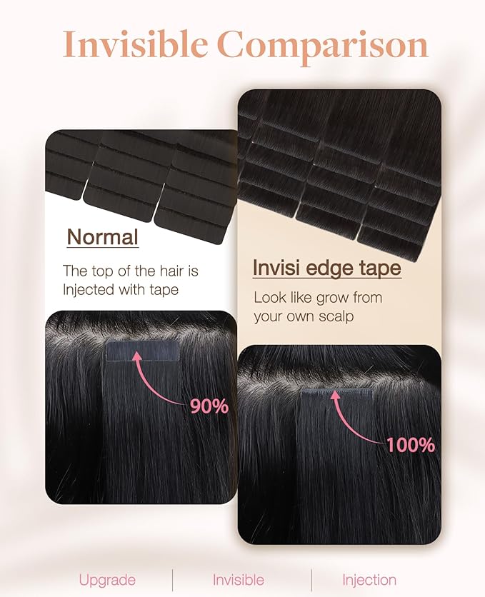 GOO GOO Invisi Edge Tape in Hair Extensions Human Hair, 2A Light Brown 10pcs injected with 10pcs classical tape ins, 24inch 50g, Virgin Remy Hair, Natural Look