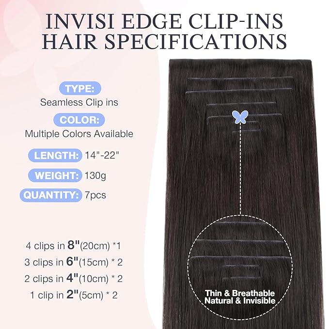 DOORES Clip in Hair Extensions Real Human Hair 16 inch 130g 7pcs Invisible Human Hair Extensions Clip ins, Injected Seamless PU Clipins Virgin Invisi Edge Natural Straight, 2A Light Dark Brown