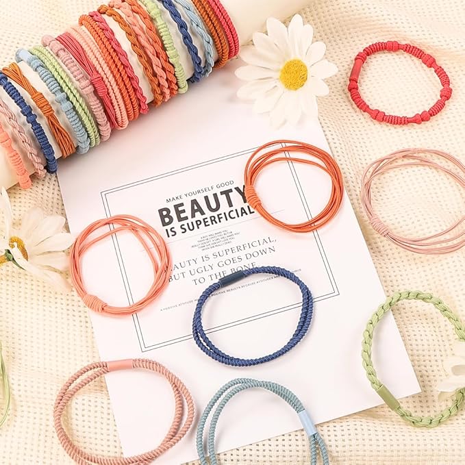 DIYDEC 32PCS Boho Hair Bracelets for Women Elastic Bracelets Hair Ties No Damage Hair Bands for Girls Thick Thin Long Curly Hair Accessories(C Style)