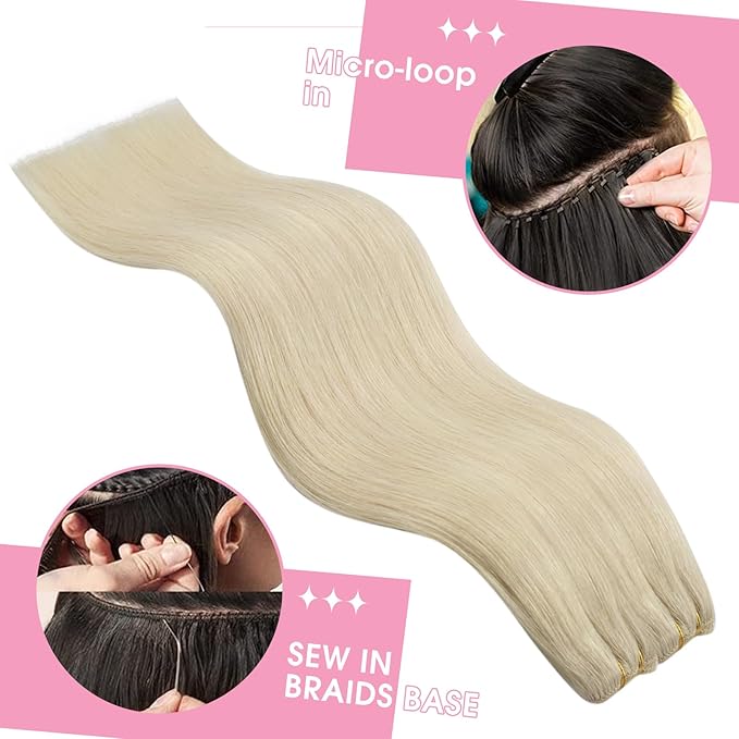 YoungSee 22inch Weft Hair Extensions Human Hair Platinum Blonde Sew in Hair Extensions Blonde Long Hair Extension Sew in One Bundle for DIY 100g