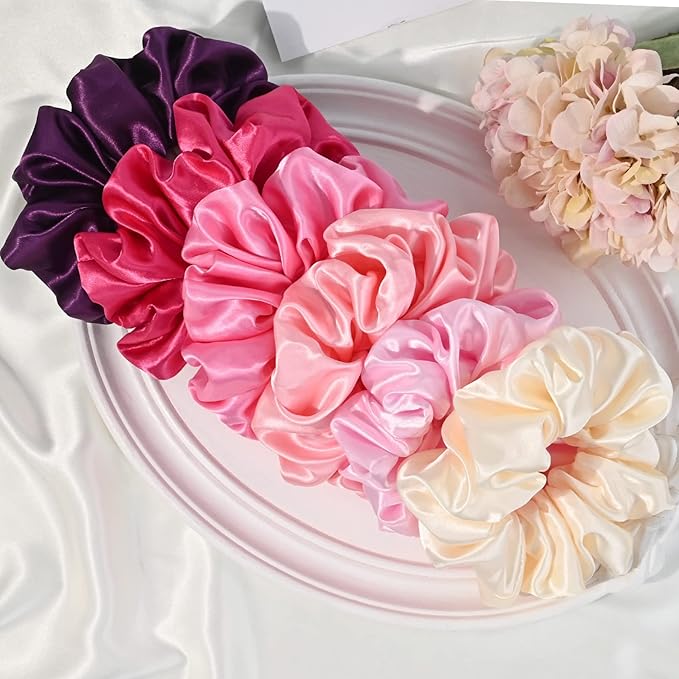 CEELGON Large Silk Satin Scrunchies for Women Big Scrunchies Jumbo Satin Hair Ties Oversized Hair Scrunchies for Thick Curly Hair Pack of 6 (Pink)
