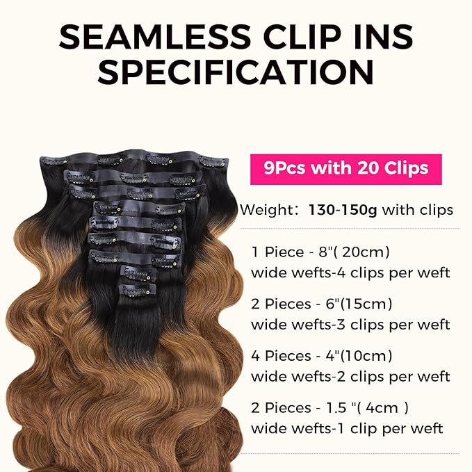 Lashey Seamless Clip in Hair Extensions Human Hair 130g 9pcs 14 Inch Body Wave Ombre Natural Black to Medium Auburn Clip in Hair Extensions for Women