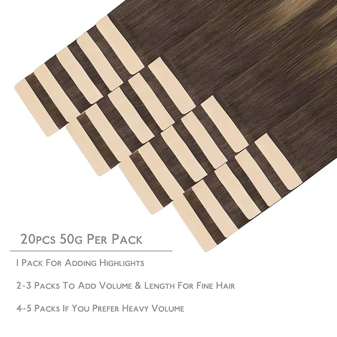 WENNALIFE Tape in Hair Extensions, 20pcs 24 Inch 50g Balayage Chocolate Brown to Honey Blonde Remy Human Hair, Coloured Tape Extensions