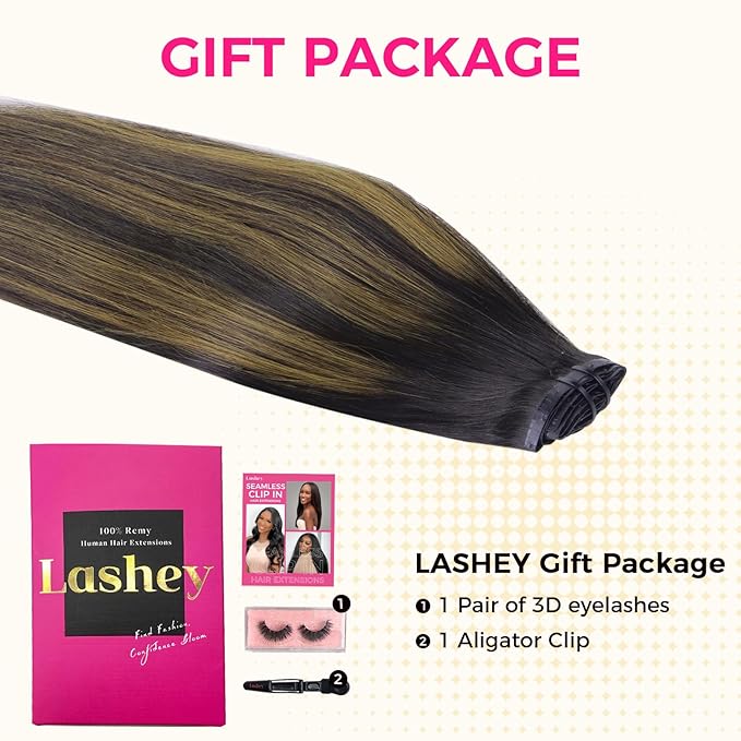 Lashey Seamless Clip in Hair Extensions Human Hair 9pcs Straight Natural Black Mixed Chestnut Brown 130g 18 Inch Clip in Hair Extensions with Thin PU Soft Invisible Edge for Women