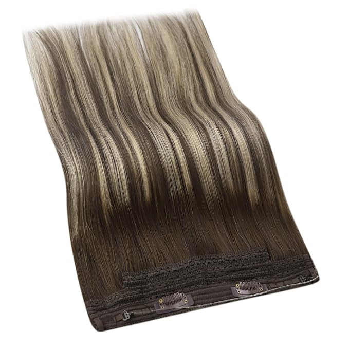 YoungSee 135G Brown Wire Hair Extensions Real Human Hair Balayage Hair Extension Invisible Wire Ombre Dark Brown with Ash Blonde Headband Hair Extension for Natural Look 24Inch