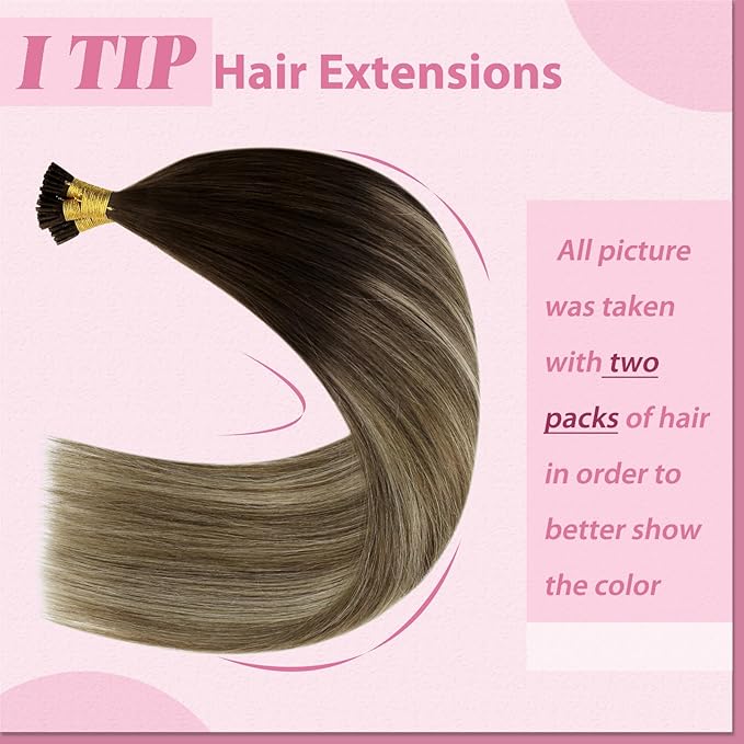 YoungSee I Tip Hair Extensions Human Hair Balayage Itip Hair Extension Real Human Hair Ombre 14 Inch Itip Human Hair Extension Dark Brown Ombre Brown Tip Hair Extension for Short Hair 80s 50g