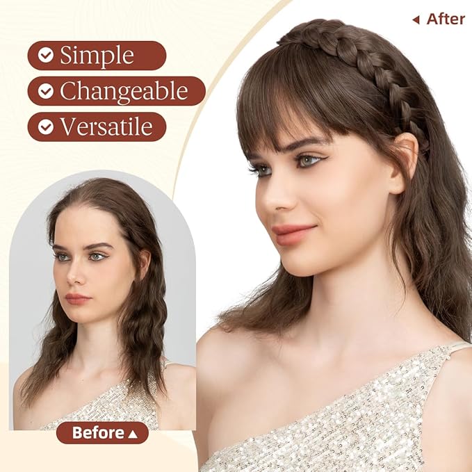 SARLA Braided Headband with 3 Detachable Clip in Bangs Fringe Hairpieces Fake Synthetic Hair Band Bangs for Women Chocolate Multi