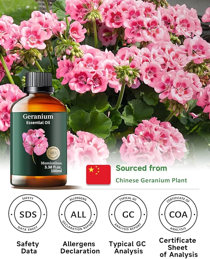 Pure Geranium Essential Oil, Mumianhua Natural Floral Oil for Bedroom Serenity & Garden Freshness, Aromatherapy for Evening Relaxation, Outdoor Ambiance, Reed Diffuser, Skin & Hair Care, 3.38 Fl Oz