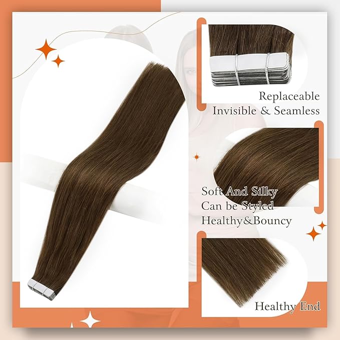 Full Shine Tape in Hair Extensions Remy Human Hair 20 Inch Color 4 Medium Brown Seamless Hair Extensions Tape in 50 Gram 20 Pieces Skin Weft Tape ins Straight Human Hair Extension for Women