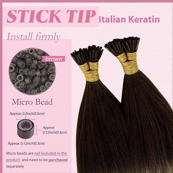 YoungSee I Tip Hair Extensions Human Hair Balayage Itip Hair Extension Real Human Hair Ombre 14 Inch Itip Human Hair Extension Dark Brown Ombre Brown Tip Hair Extension for Short Hair 80s 50g