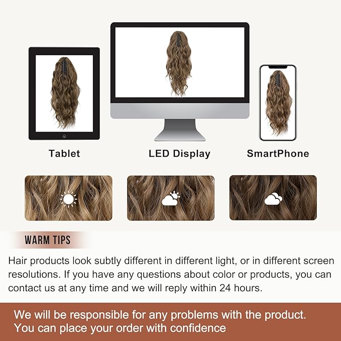 FLUFYMOOZ Wavy Curly Claw Clip Ponytail Extension, 18 Inch Natural Synthetic Hairpiece with Highlights