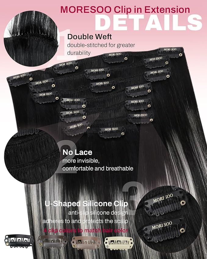 Moresoo Black And Silver Clip in Hair Extensions Ombre Natural Black to Silver Grey Hair Extensions Real Human Hair Clip ins Remy Human Hair Long Full Head 120g/7pcs 22 inch