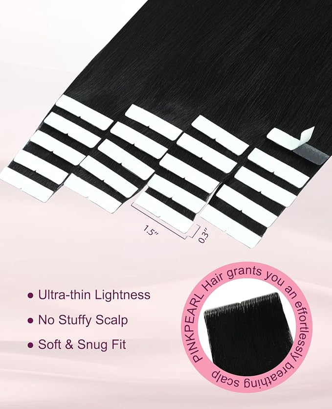 Pinkpearl Invisible Tape in Hair Extensions Human Hair, 20pcs 20inch 55g #1 Jet Black Injection Tape in Extensions Real Remy Straight Seamless Silky Human Hair Injected