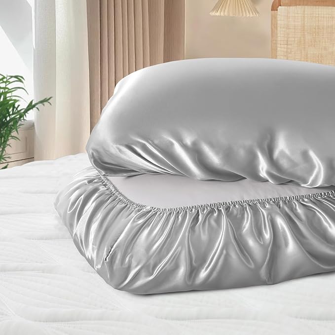 SiinvdaBZX Silver Grey Satin Pillowcase Standard/Queen Size Set of 2, Silky Travel Elastic Band Satin Pillow Case for Hair and Skin, Soft Portable & Fit for Various Pillow