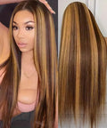Highlight Ombre 13x6 Lace Front Wigs Human Hair Straight HD Lace Frontal Wigs Pre Plucked Tangle-Free 200 Density 4/27 Colored Real Virgin Human Hair Wig Invisilbe Hairline Tiny Knots 24 Inch