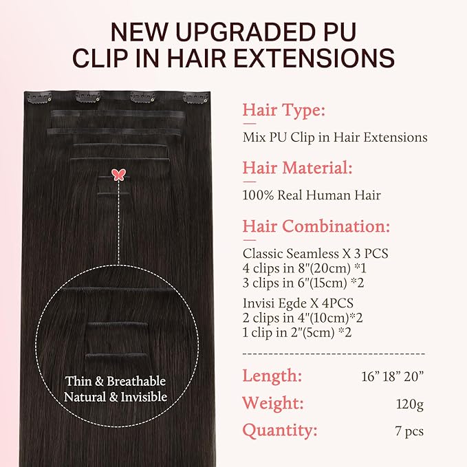 DOORES Clip in Hair Extensions Set 20 Inch 120g, 4pcs Invisi Edge Clip ins and 3pcs Classic Seamless Clip ins, Injected Virgin Real Human Hair Extensions Natural Invisible Straight, #2