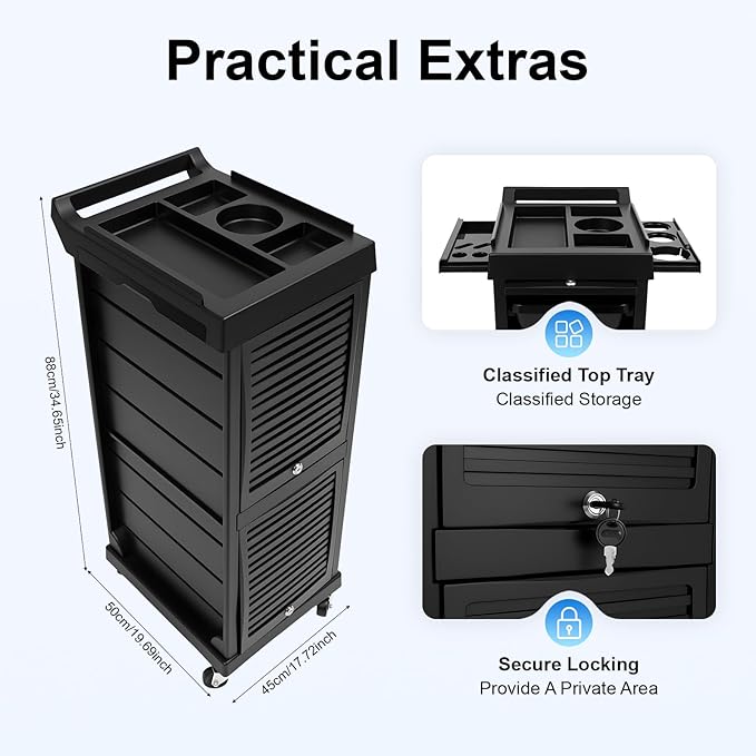 Salon Trolley Cart, 7 Layer Hair Salon Storage Cabinet Barber Organizer Tool, Portable Utility Beauty Barber Cart, Black Lockable Storage Cabinet Barber Station for Hair Stylist Hairdresser