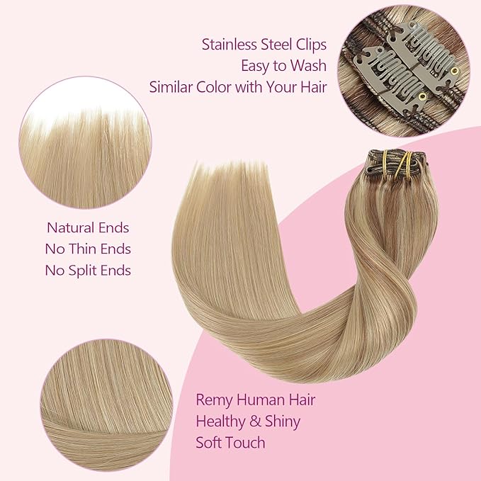 PINKPEARL Clip in Hair Extensions Real Human Hair #10/16/16 Golden Brown to Caramel Blonde Human Hair Clip in Hair Extensions 7pcs 120g 14inch Human Hair Extensios Clip ins(#10/16/16-14)
