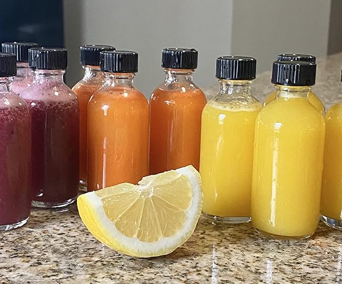 DIDITIME 24 Pack 2 oz Small Clear Glass Bottles with Lids & 4 Funnels - 60ml Boston Round Sample Bottles for Potion, Juice, Ginger Shots, Oils, Whiskey, Wellness Shots, Mini Travel Bottles