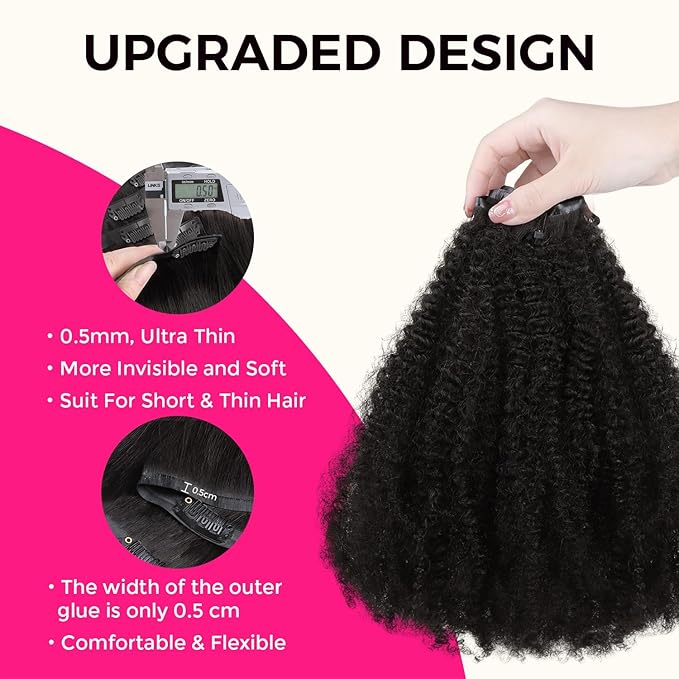Lashey Seamless Clip in Hair Extensions Human Hair 110g 7pcs Afro Kinky Curly Clip in Hair Extensions 22 Inch Natural Black Color Hair Extension Clips